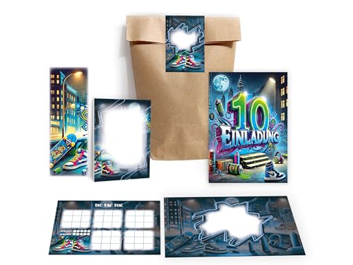 Limonia 10 Einladungskarten zum 10. Kindergeburtstag Graffiti Mädchen Kinder Jungs Jungen Gastgeschenk inkl. 10 Umschläge, 10 Tüten, 10 Aufkleber, 10 Lesezeichen, 10 Blöcke, 10 Tic Tac Toe Limonia 10 Einladungskarten zum 10. Kindergeburtstag Graffiti Mädchen Kinder Jungs Jungen Gastgeschenk inkl. 10 Umschläge, 10 Tüten, 10 Aufkleber, 10 Lesezeichen, 10 Blöcke, 10 Tic Tac Toe von Limonia