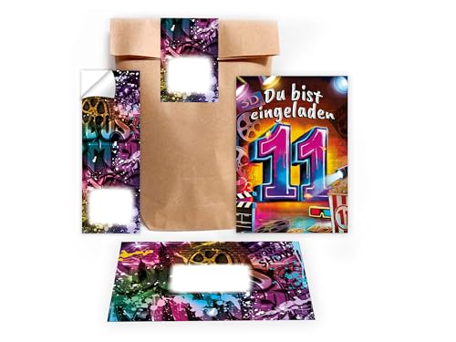 Limonia 10 Einladungskarten zum 11. Geburtstag Kindergeburtstag Kino Cinema Motto-Party Geburtstag Mädchen Kinder Jungs Jungen Boys Geschenktüte inkl. 10 Umschläge, 10 Tüten, 10 Aufkleber von Limonia