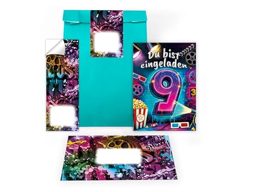 Limonia 10 Einladungskarten zum 9. Geburtstag Kindergeburtstag Kino Cinema Party Einladung Set Mädchen Kinder Jungs Jungen Boys Geschenktüte inkl. 10 Umschläge, 10 Tüten, 10 Aufkleber Modern von Limonia