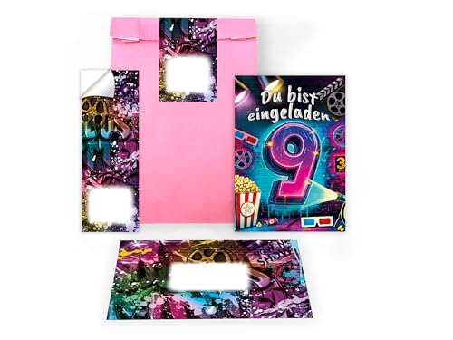 Limonia 10 Einladungskarten zum 9. Geburtstag Kindergeburtstag Kino Cinema Party Set Geburtstag Mädchen Kinder Jungs Jungen Boys Geschenktüte inkl. 10 Umschläge, 10 Tüten, 10 Aufkleber Modern von Limonia