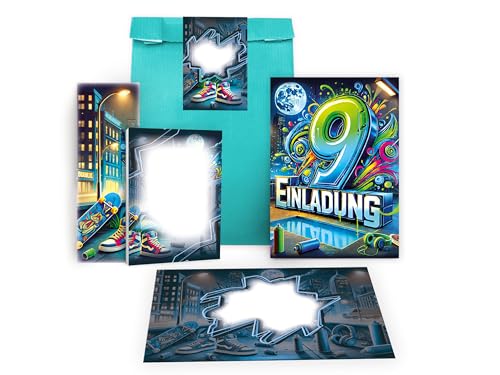 Limonia 10 Einladungskarten zum 9. Kindergeburtstag Graffiti Einladung Geburtstag Mädchen Kinder Jungs Jungen Boys Mitgebsel inkl. 10 Umschläge, 10 Tüten, 10 Aufkleber, 10 Lesezeichen, 10 Blöcke Limonia 10 Einladungskarten zum 9. Kindergeburtstag Graffiti Einladung Geburtstag Mädchen Kinder Jungs Jungen Boys Mitgebsel inkl. 10 Umschläge, 10 Tüten, 10 Aufkleber, 10 Lesezeichen, 10 Blöcke von Limonia