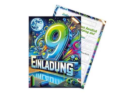 Limonia 10 Einladungskarten zum 9. Kindergeburtstag Graffiti Street Art Motto-Party Feier Fest Set Einladung Geburtstag Mädchen Kinder Jungs Jungen Boys Teenies Limonia 10 Einladungskarten zum 9. Kindergeburtstag Graffiti Street Art Motto-Party Feier Fest Set Einladung Geburtstag Mädchen Kinder Jungs Jungen Boys Teenies von Limonia