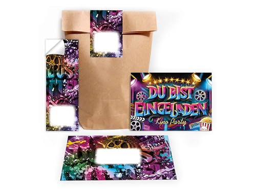 Limonia 10 Einladungskarten zum Kindergeburtstag Kino Cinema Motto-Party Einladung Geburtstag Mädchen Kinder Jungs Jungen Boys Geschenktüte inkl. 10 Umschläge, 10 Tüten, 10 Aufkleber von Limonia