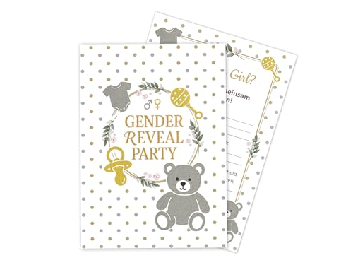 Limonia 10 Einladungskarten zur Gender Reveal Party – Stilvolle Einladungen für die Babyparty: Boy oder Girl? Perfekt für die Baby-Überraschungsparty - Gold, Silber, süßer Bär, Punkte, Blätterkranz von Limonia