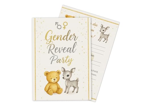 Limonia 10 Einladungskarten zur Gender Reveal Party – Stilvolle Einladungen für die Babyparty: Boy oder Girl? Perfekt für die Baby-Überraschungsparty - Gold und Silber, süße Tiere, festlich, elegant von Limonia