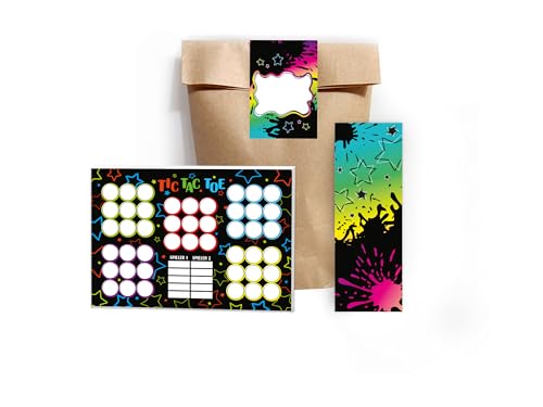 Limonia 10 Tic Tac Toe je 25 Blätter + 10 Lesezeichen + 10 Tüten + 10 Aufkleber Set Gastgeschenk Mitgebsel zum Kindergeburtstag Motto-Party Fest Feier Event Jungen Jungs Boys Mädchen bunt neon von Limonia