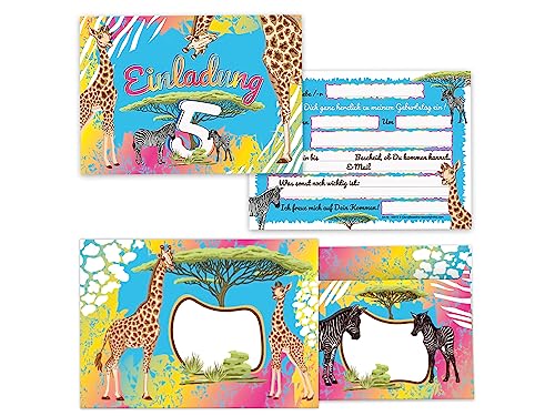Limonia 12 Einladungskarten incl. 12 Umschläge zum 5. Geburtstag Einladung Kindergeburtstag Mädchen Jungen Karten Safari Giraffe Zebra Pferd Sahara von Limonia
