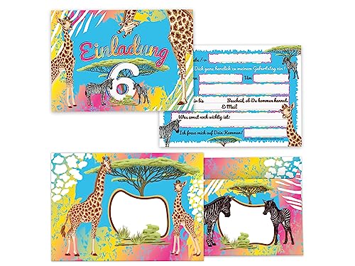 Limonia 12 Einladungskarten incl. 12 Umschläge zum 6. Geburtstag Einladung Kindergeburtstag Mädchen Jungen Karten Safari Giraffe Zebra Pferd Sahara von Limonia