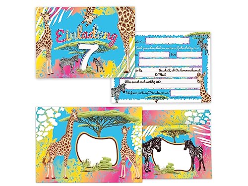 Limonia 12 Einladungskarten incl. 12 Umschläge zum 7. Geburtstag Einladung Kindergeburtstag Mädchen Jungen Karten Safari Giraffe Zebra Pferd Sahara von Limonia