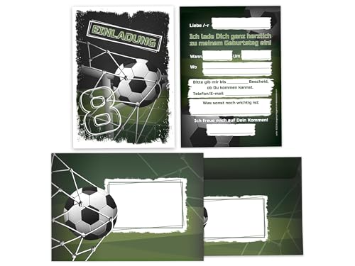 Limonia 12 Einladungskarten incl. 12 Umschläge zum 8. Kindergeburtstag Einladung Geburtstag Mädchen Kinder Jungs Jungen Boys Fussball Turnier grün schwarz von Limonia