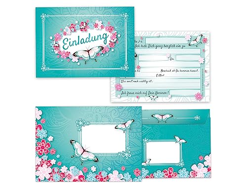 Limonia 12 Einladungskarten incl. 12 Umschläge zum Kindergeburtstag Einladung Geburtstag Mädchen Schmetterling Blumen von Limonia