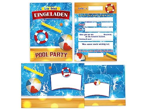 Limonia 12 Einladungskarten incl. 12 Umschläge zum Kindergeburtstag Pool-Party Karten Einladung Geburtstag Bad Mädchen Jungen Schwimmbad Holz Ball von Limonia