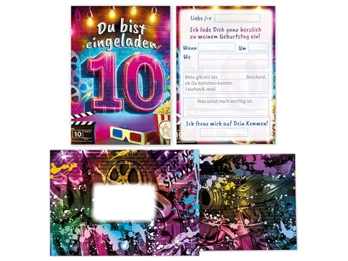 Limonia 12 Einladungskarten inkl. 12 Umschläge zum 10. Geburtstag Kindergeburtstag Kino Cinema Graffiti Street Art Einladung Set Mädchen Kinder Jungs Jungen Boys Teenies Jugendliche Modern von Limonia