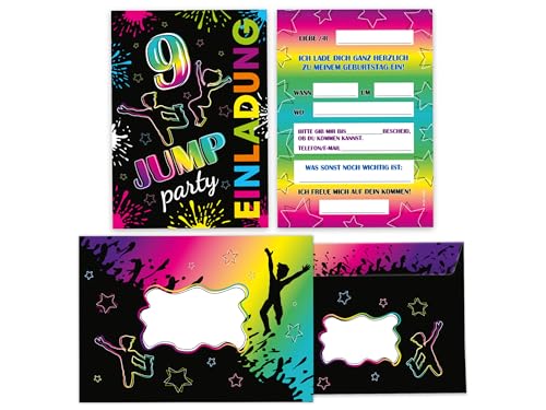 Limonia 12 Einladungskarten inkl. 12 Umschläge zum 9. Geburtstag Jump.Party Trampolin neon Einladung Set Geburtstag Mädchen Kinder Jungs Jungen Boys Teenies von Limonia