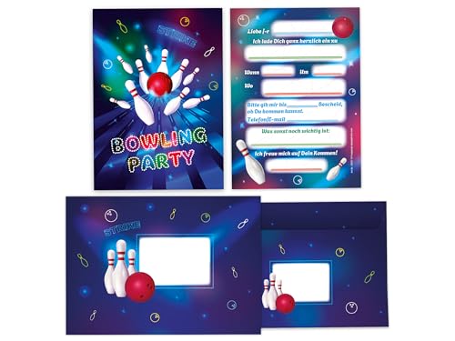 Limonia 12 Einladungskarten inkl. 12 Umschläge zum Kindergeburtstag Motto-Party Bowling neon Einladung Set Geburtstag Mädchen Kinder Jungs Jungen Boys Teenies von Limonia