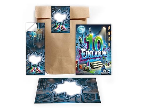 Limonia 12 Einladungskarten zum 10. Kindergeburtstag Graffiti Street Art Einladung Set Geburtstag Mädchen Kinder Jungs Jungen Boys Geschenktüte inkl. 12 Umschläge, 12 Tüten, 12 Aufkleber Limonia 12 Einladungskarten zum 10. Kindergeburtstag Graffiti Street Art Einladung Set Geburtstag Mädchen Kinder Jungs Jungen Boys Geschenktüte inkl. 12 Umschläge, 12 Tüten, 12 Aufkleber von Limonia