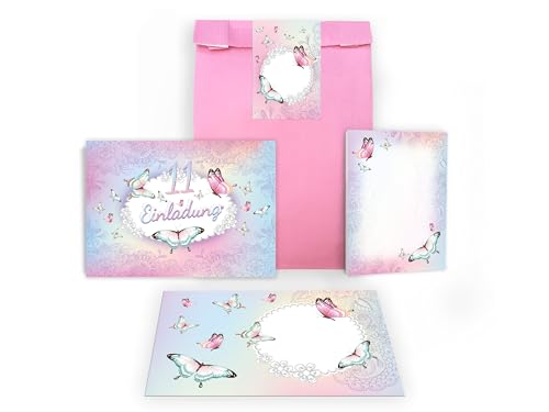 Limonia 12 Einladungskarten zum 11. Kindergeburtstag Einladung Geburtstag Mädchen Motiv Schmetterling Blumen Gastgeschenk Mitgebsel inkl. 12 Umschläge, 12 Tüten, 12 Aufkleber, 12 Blöcke von Limonia