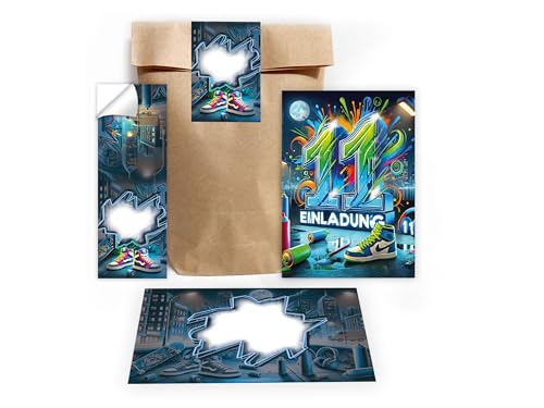 Limonia 12 Einladungskarten zum 11. Kindergeburtstag Graffiti Street Art Einladung Set Geburtstag Mädchen Kinder Jungs Jungen Boys Geschenktüte inkl. 12 Umschläge, 12 Tüten, 12 Aufkleber Limonia 12 Einladungskarten zum 11. Kindergeburtstag Graffiti Street Art Einladung Set Geburtstag Mädchen Kinder Jungs Jungen Boys Geschenktüte inkl. 12 Umschläge, 12 Tüten, 12 Aufkleber von Limonia
