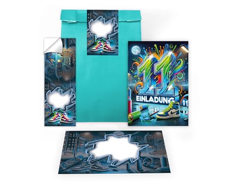 Limonia 12 Einladungskarten zum 11. Kindergeburtstag Graffiti Street Art Party Einladung Set Geburtstag Mädchen Kinder Jungs Jungen Boys Geschenktüte inkl. 12 Umschläge, 12 Tüten, 12 Aufkleber Limonia 12 Einladungskarten zum 11. Kindergeburtstag Graffiti Street Art Party Einladung Set Geburtstag Mädchen Kinder Jungs Jungen Boys Geschenktüte inkl. 12 Umschläge, 12 Tüten, 12 Aufkleber von Limonia