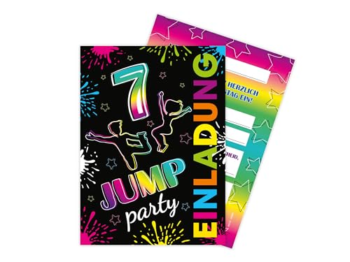 Limonia 12 Einladungskarten zum 7. Geburtstag Motto Jump-Party Trampolin neon Feier Fest Einladung Set Geburtstag Mädchen Kinder Jungs Jungen Boys Teenies von Limonia