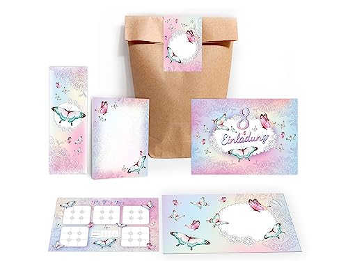 Limonia 12 Einladungskarten zum 8. Geburtstag Einladung Kindergeburtstag Mädchen Schmetterling incl. 12 Umschläge, 12 Tüten, 12 Aufkleber, 12 Lesezeichen, 12 Blöcke, 12 Tic Tac Toe von Limonia