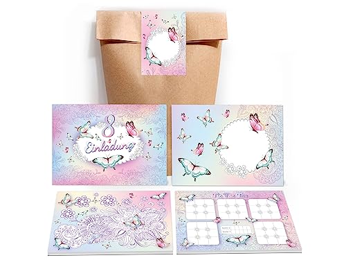 Limonia 12 Einladungskarten zum 8. Geburtstag Einladung Kindergeburtstag Mädchen Schmetterling incl. 12 Umschläge, 12 Tüten, 12 Aufkleber, 12 Mandalas, 12 Tic Tac Toe Limonia 12 Einladungskarten zum 8. Geburtstag Einladung Kindergeburtstag Mädchen Schmetterling incl. 12 Umschläge, 12 Tüten, 12 Aufkleber, 12 Mandalas, 12 Tic Tac Toe von Limonia
