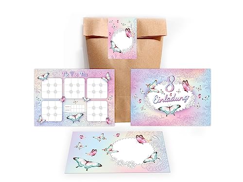 Limonia 12 Einladungskarten zum 8. Geburtstag Einladung Kindergeburtstag Mädchen Schmetterling incl. 12 Umschläge, 12 Tüten, 12 Aufkleber, 12 Tic Tac Toe Limonia 12 Einladungskarten zum 8. Geburtstag Einladung Kindergeburtstag Mädchen Schmetterling incl. 12 Umschläge, 12 Tüten, 12 Aufkleber, 12 Tic Tac Toe von Limonia