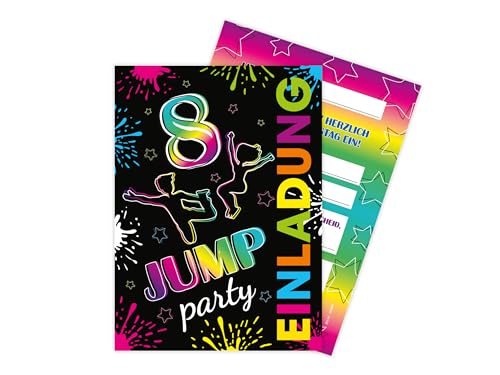 Limonia 12 Einladungskarten zum 8. Geburtstag Motto Jump-Party Trampolin neon Feier Fest Einladung Set Geburtstag Mädchen Kinder Jungs Jungen Boys Teenies von Limonia