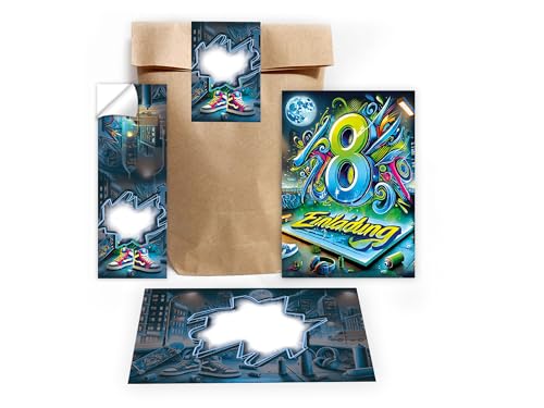 Limonia 12 Einladungskarten zum 8. Kindergeburtstag Einladung Set Geburtstag Mädchen Kinder Jungs Jungen Boys Geschenktüte inkl. 12 Umschläge, 12 Tüten, 12 Aufkleber Graffiti Street Art Limonia 12 Einladungskarten zum 8. Kindergeburtstag Einladung Set Geburtstag Mädchen Kinder Jungs Jungen Boys Geschenktüte inkl. 12 Umschläge, 12 Tüten, 12 Aufkleber Graffiti Street Art von Limonia