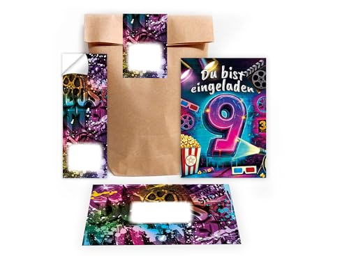 Limonia 12 Einladungskarten zum 9. Geburtstag Kindergeburtstag Kino Cinema Einladung Set Mädchen Kinder Jungs Boys Geschenktüte inkl. 12 Umschläge, 12 Tüten, 12 Aufkleber Jugendliche Modern von Limonia