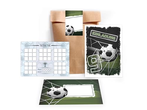 Limonia 12 Einladungskarten zum 9. Kindergeburtstag Einladung Geburtstag Mädchen Kinder Jungs Jungen Boys Fussball Turnier incl. 12 Umschläge, 12 Tüten, 12 Aufkleber, 12 Tic Tac Toe von Limonia