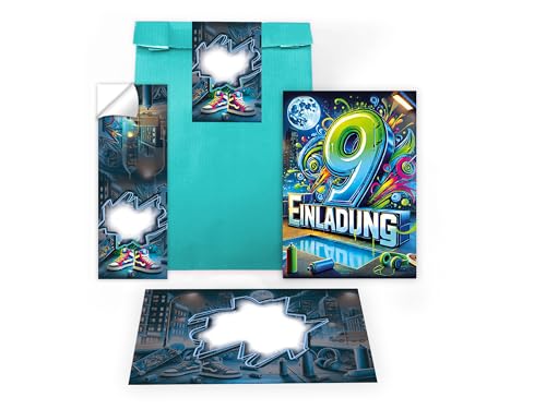 Limonia 12 Einladungskarten zum 9. Kindergeburtstag Graffiti Street Art Party Einladung Set Geburtstag Mädchen Kinder Jungs Jungen Boys Geschenktüte inkl. 12 Umschläge, 12 Tüten, 12 Aufkleber Limonia 12 Einladungskarten zum 9. Kindergeburtstag Graffiti Street Art Party Einladung Set Geburtstag Mädchen Kinder Jungs Jungen Boys Geschenktüte inkl. 12 Umschläge, 12 Tüten, 12 Aufkleber von Limonia