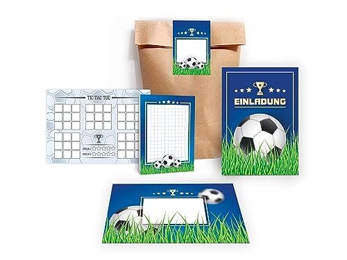 Limonia 12 Einladungskarten zum Kindergeburtstag Einladung Geburtstag Mädchen Kinder Jungs Jungen Boys Fussball Turnier incl. 12 Umschläge, 12 Tüten, 12 Aufkleber, 12 Blöcke, 12 Tic Tac Toe von Limonia