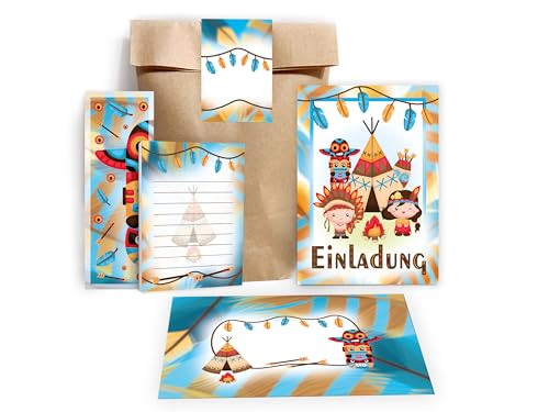 Limonia 12 Einladungskarten zum Kindergeburtstag Party Einladung Geburtstag Mädchen Kinder Jungs Jungen Mitgebsel inkl. 12 Umschläge, 12 Tüten, 12 Aufkleber, 12 Lesezeichen, 12 Blöcke Indianer Tipi von Limonia