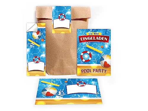Limonia 12 Einladungskarten zum Kindergeburtstag Pool-Party Einladung Karten zum Geburtstag Bad Mädchen Jungen Schwimmbad Holz Ball incl. 12 Umschläge, 12 Tüten, 12 Aufkleber von Limonia