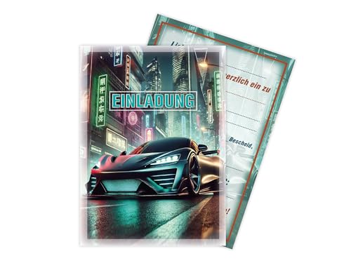 Limonia 12x Einladungskarten zum Kindergeburtstag Auto Rennauto - Geburtstagseinladung Unisex Coole Autos & Rennwagen Motive, Einladung für Autofans - Urban Speedster von Limonia