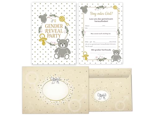 Limonia 25 Einladungskarten mit Umschlägen zur Gender Reveal Party – Stilvolle Einladungen zur Babyparty 'Boy oder Girl' – Baby-Überraschungsparty – Gold, Silber, süßer Bär, Punkte, Blätterkranz von Limonia
