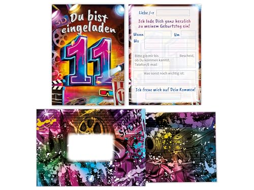 Limonia 6 Einladungskarten inkl. 6 Umschläge zum 11. Geburtstag Kindergeburtstag Kino Cinema Graffiti Street Art Motto-Party Einladung Set Mädchen Kinder Jungs Jungen Boys Teenies Jugendliche Modern von Limonia