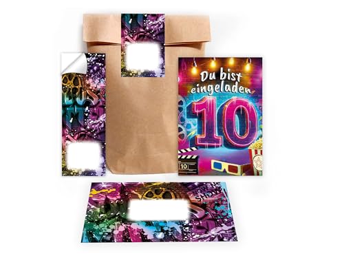 Limonia 6 Einladungskarten zum 10. Geburtstag Kindergeburtstag Kino Cinema Einladung Mädchen Kinder Jungs Jungen Boys Geschenktüte Set inkl. 6 Umschläge, 6 Tüten, 6 Aufkleber Jugendliche Modern von Limonia