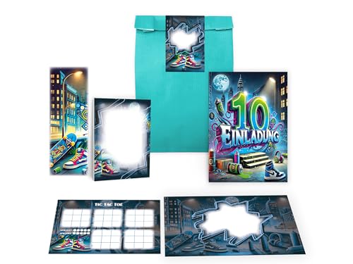 Limonia 6 Einladungskarten zum 10. Kindergeburtstag Graffiti Street Art Unisex Mädchen Kinder Jungen Gastgeschenk inkl. 6 Umschläge, 6 Tüten, 6 Aufkleber, 6 Lesezeichen, 6 Blöcke, 6 Tic Tac Toe Limonia 6 Einladungskarten zum 10. Kindergeburtstag Graffiti Street Art Unisex Mädchen Kinder Jungen Gastgeschenk inkl. 6 Umschläge, 6 Tüten, 6 Aufkleber, 6 Lesezeichen, 6 Blöcke, 6 Tic Tac Toe von Limonia