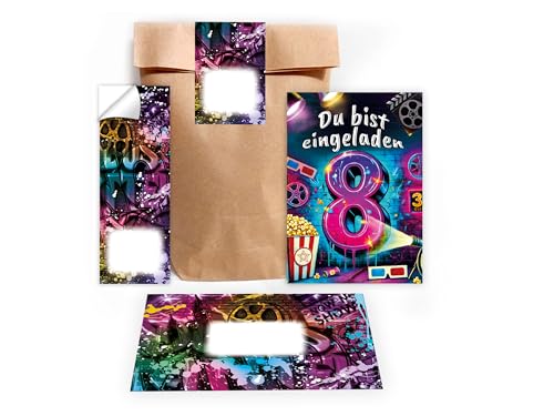 Limonia 6 Einladungskarten zum 8. Geburtstag Kindergeburtstag Kino Cinema Einladung Mädchen Kinder Jungs Jungen Boys Geschenktüte Set inkl. 6 Umschläge, 6 Tüten, 6 Aufkleber Jugendliche Modern von Limonia