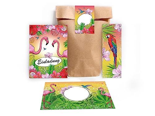 Limonia 6 Einladungskarten zum Kindergeburtstag Einladung Geburtstag Mädchen Karten Flamingo Kolibri Papagei Tropen Palmen incl. 6 Umschläge, 6 Tüten, 6 Aufkleber, 6 Lesezeichen von Limonia