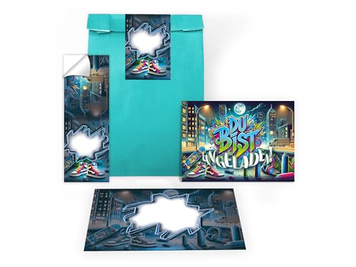 Limonia 6 Einladungskarten zum Kindergeburtstag Graffiti Street Art Einladung Set Geburtstag Mädchen Kinder Jungs Jungen Boys Geschenktüte inkl. 6 Umschläge, 6 Tüten, 6 Aufkleber Jugendliche Modern von Limonia