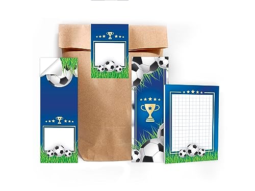 Limonia 6 Lesezeichen + 6 Mini-Notizblöcke je 25 Blätter A7 + 6 Tüten (natur) + 6 Aufkleber Set Gastgeschenk Mitgebsel zum Kindergeburtstag Motto-Party Jungen Jungs Boys Mädchen Schule Fußball blau von Limonia