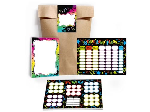 Limonia 6 Mini-Notizblöcke + 6 Tic Tac Toe A6 + 6 Stadt-Land-Fluss A6 je 25 Blätter + 6 Tüten + 6 Aufkleber Set Gastgeschenk Mitgebsel zum Kindergeburtstag Motto-Party Jungen Jungs Boys bunt neon von Limonia