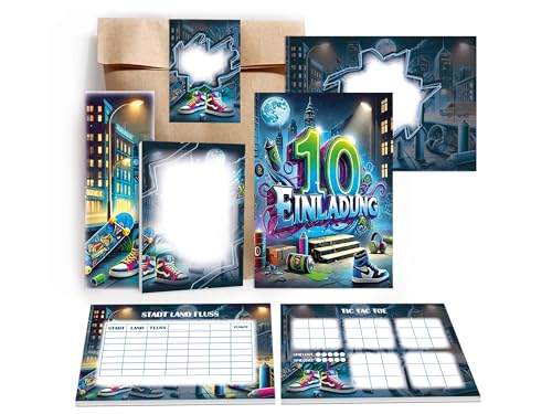 Limonia 8 Einladungskarten zum 10. Kindergeburtstag Graffiti Street Art Einladung Gastgeschenk inkl. 8 Umschläge, 8 Tüten, 8 Aufkleber, 8 Lesezeichen, 8 Blöcke, 8 Stadt-Land-Fluss, 8 Tic Tac Toe Limonia 8 Einladungskarten zum 10. Kindergeburtstag Graffiti Street Art Einladung Gastgeschenk inkl. 8 Umschläge, 8 Tüten, 8 Aufkleber, 8 Lesezeichen, 8 Blöcke, 8 Stadt-Land-Fluss, 8 Tic Tac Toe von Limonia