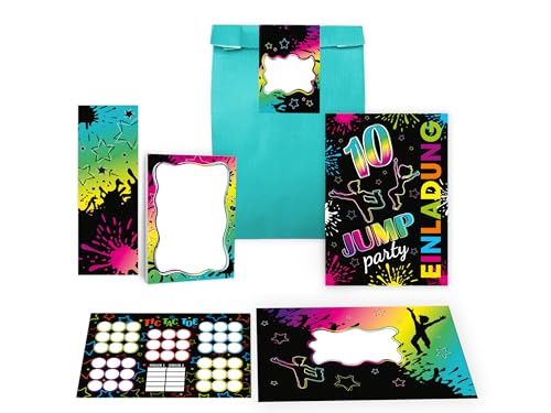 Limonia 8 Einladungskarten zum 10. Kindergeburtstag Jump Party Unisex Mädchen Kinder Jungs Jungen Boys Gastgeschenk inkl. 8 Umschläge, 8 Tüten, 8 Aufkleber, 8 Lesezeichen, 8 Blöcke, 8 Tic Tac Toe Limonia 8 Einladungskarten zum 10. Kindergeburtstag Jump Party Unisex Mädchen Kinder Jungs Jungen Boys Gastgeschenk inkl. 8 Umschläge, 8 Tüten, 8 Aufkleber, 8 Lesezeichen, 8 Blöcke, 8 Tic Tac Toe von Limonia