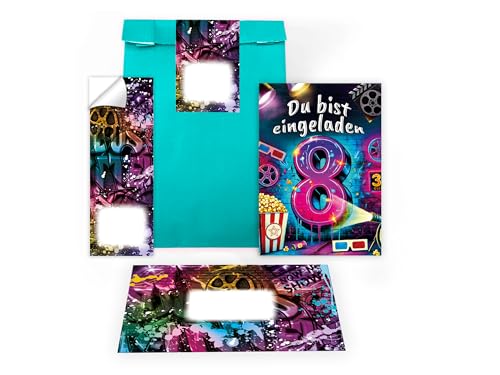 Limonia 8 Einladungskarten zum 8. Geburtstag Kindergeburtstag Kino Cinema Party Graffiti Street Art Einladung Set Mädchen Kinder Jungs Jungen Boys Geschenktüte inkl. 8 Umschläge, 8 Tüten, 8 Aufkleber von Limonia