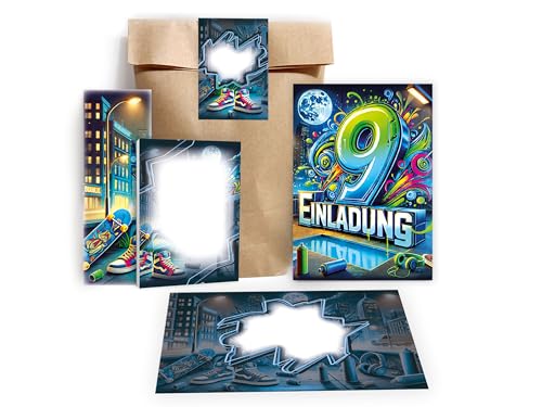 Limonia 8 Einladungskarten zum 9. Kindergeburtstag Graffiti Street Art Einladung Geburtstag Mädchen Kinder Jungs Gastgeschenk inkl. 8 Umschläge, 8 Tüten, 8 Aufkleber, 8 Lesezeichen, 8 Blöcke Limonia 8 Einladungskarten zum 9. Kindergeburtstag Graffiti Street Art Einladung Geburtstag Mädchen Kinder Jungs Gastgeschenk inkl. 8 Umschläge, 8 Tüten, 8 Aufkleber, 8 Lesezeichen, 8 Blöcke von Limonia