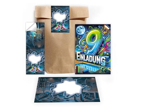 Limonia 8 Einladungskarten zum 9. Kindergeburtstag Graffiti Street Art Motto Einladung Geburtstag Mädchen Kinder Jungen Boys Geschenktüte Set inkl. 8 Umschläge, 8 Tüten, 8 Aufkleber Limonia 8 Einladungskarten zum 9. Kindergeburtstag Graffiti Street Art Motto Einladung Geburtstag Mädchen Kinder Jungen Boys Geschenktüte Set inkl. 8 Umschläge, 8 Tüten, 8 Aufkleber von Limonia